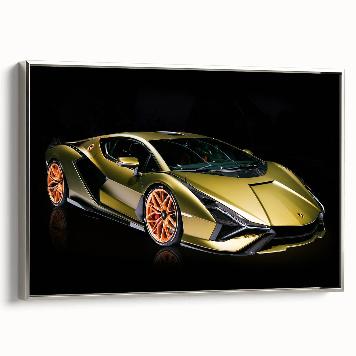 Silver sports car on black background in a vintage poster style, framed canvas, suitable for an office or study room.