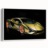 Vintage poster art of a classic car in black and white on a framed canvas, ideal for living room decor.