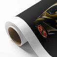 Art deco poster of a vintage sports car in monochrome shades, printed on rolled canvas.