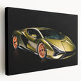 Side view of a red sports car on stretched canvas, with vivid red and black tones, suitable for kitchen wall art.