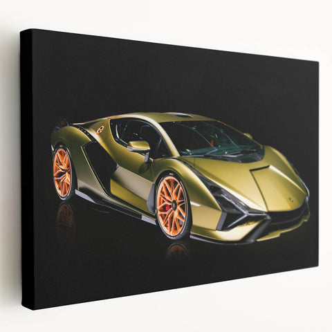 Side view of a red sports car on stretched canvas, with vivid red and black tones, suitable for kitchen wall art.