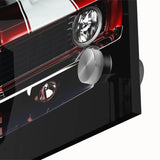 Mid-century modernist art of abstract sports cars in vibrant colors on acrylic, ideal for dining room art.