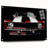 Acrylic print of a side-view sports car in vibrant red and black, ideal for modern bedroom or dining room decor.