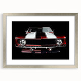 Abstract art print of sport cars in textured silver hues on a framed poster, suitable for bedroom art.