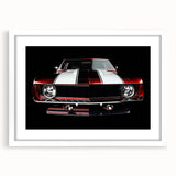 Abstract art print of colorful racing cars on a white framed poster, suitable for bedroom or dining room decor.