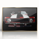 Gold-framed acrylic print of a front-view classic car in rich maroon on a muted background, ideal for modern art wall decor.