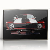 Mid-century modernist art of a silver sports car on framed acrylic, featuring sleek lines and metallic tones.