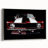 Silver sports car on black background, vintage poster style, framed canvas, ideal for an office or study.