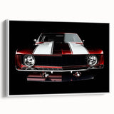 Vintage poster art of a classic car in vibrant colors on framed canvas, ideal for living room decor.