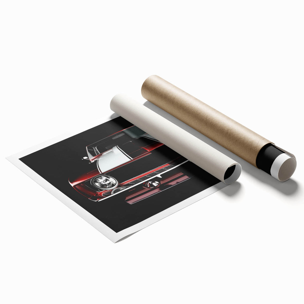 Extra large wall art featuring a sports car in vibrant red on a rolled canvas.