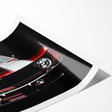 Extra large wall art of a sports car in vibrant red and black tones on a rolled canvas, suitable for large living room decor.