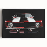 Black and white photo of a vintage sports car on stretched canvas, ideal for kitchen wall art.
