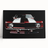 Black and white photo of a sports car on stretched canvas, ideal for kitchen wall art or bedroom ambiance.