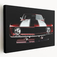 Side view of a red sports car on a large canvas, featuring vivid red and black tones, suitable for kitchen wall decor.