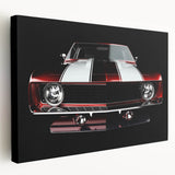 Side view of a red sports car on a large canvas, featuring vivid red and black tones, suitable for kitchen wall decor.