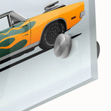 Mid-century modernist style large abstract wall art featuring sport cars in vibrant colors on acrylic glass.