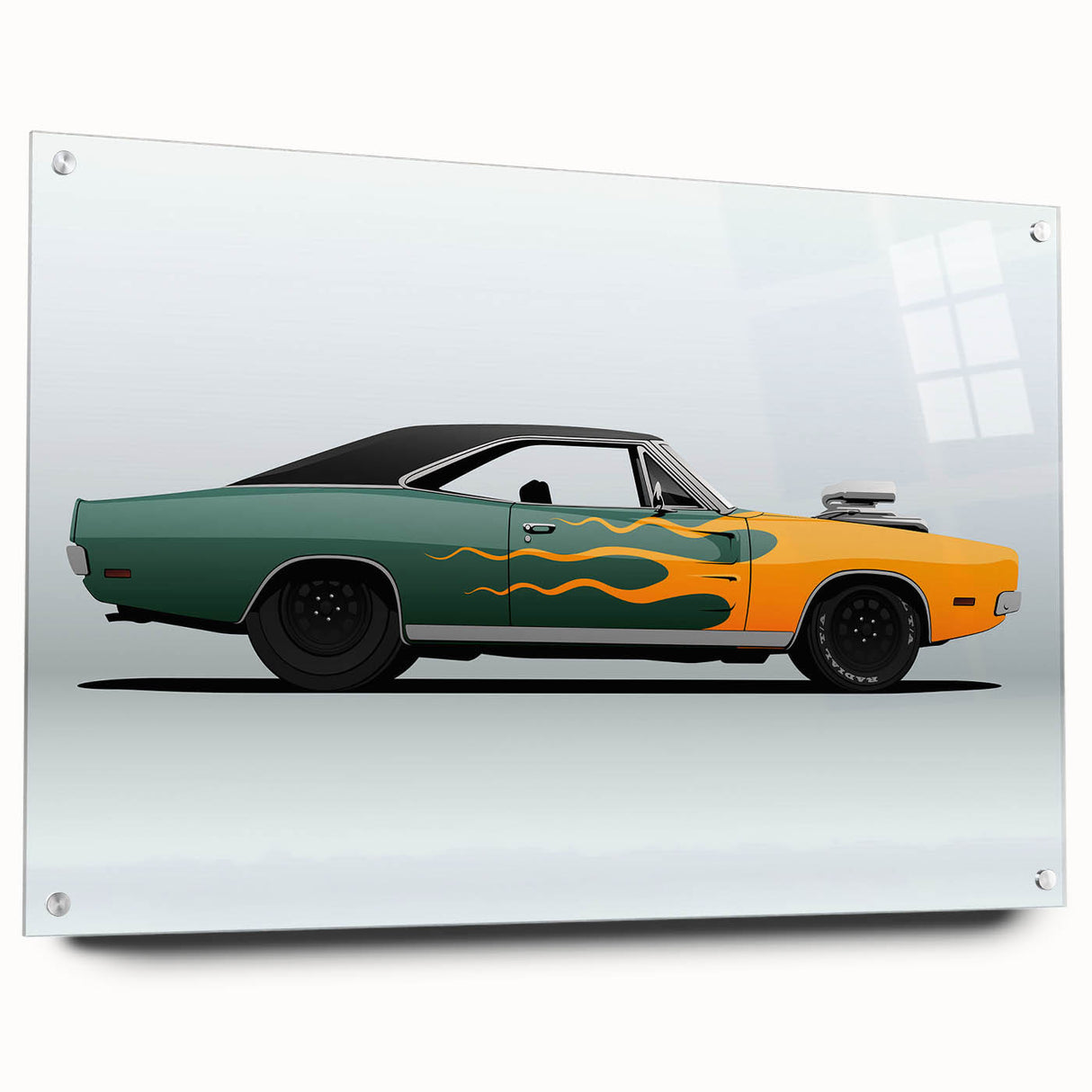Acrylic print of a side view of a sports car in grayscale, suitable for bedroom or dining room decor.