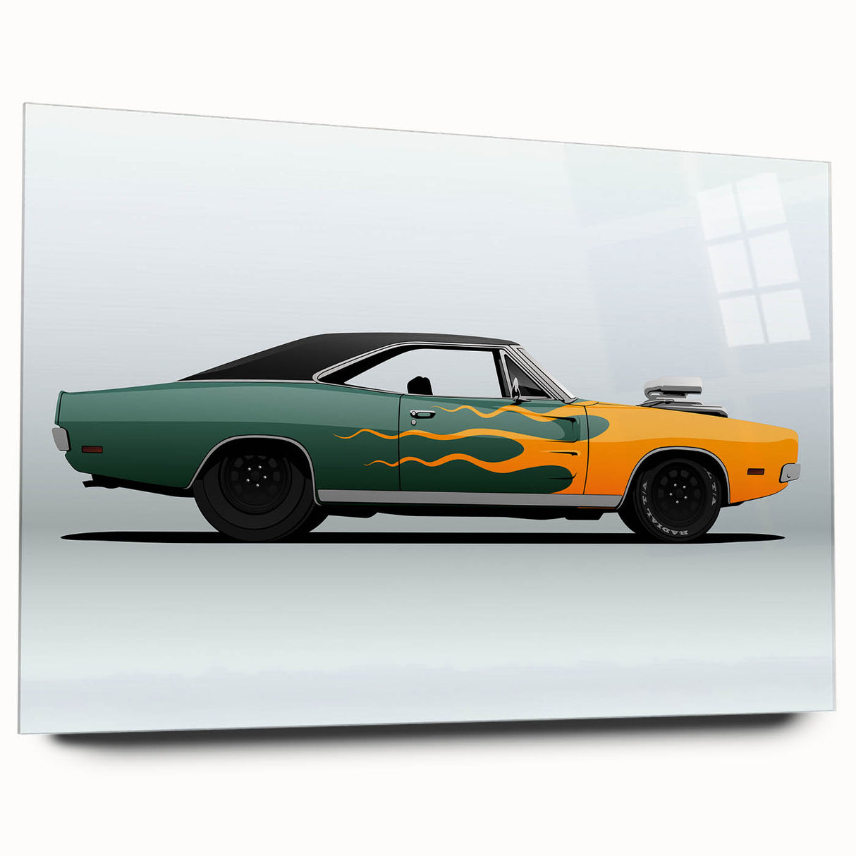 Acrylic print of a side view of a sports car in grayscale, ideal for modern bedroom or dining room decor.