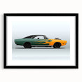 Abstract art print of colorful, textured sports cars on a large canvas, framed in black, ideal for living room decor.
