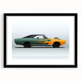 Abstract art print of colorful, textured sports cars on a large canvas, framed in black, ideal for living room decor.