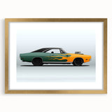 Extra large abstract art print of a sports car in textured gold tones on a framed canvas, ideal for living room decor.