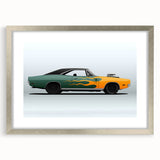 Abstract textured art print of a sports car in monochrome shades, framed with a silver mat, suitable for bedroom decor.