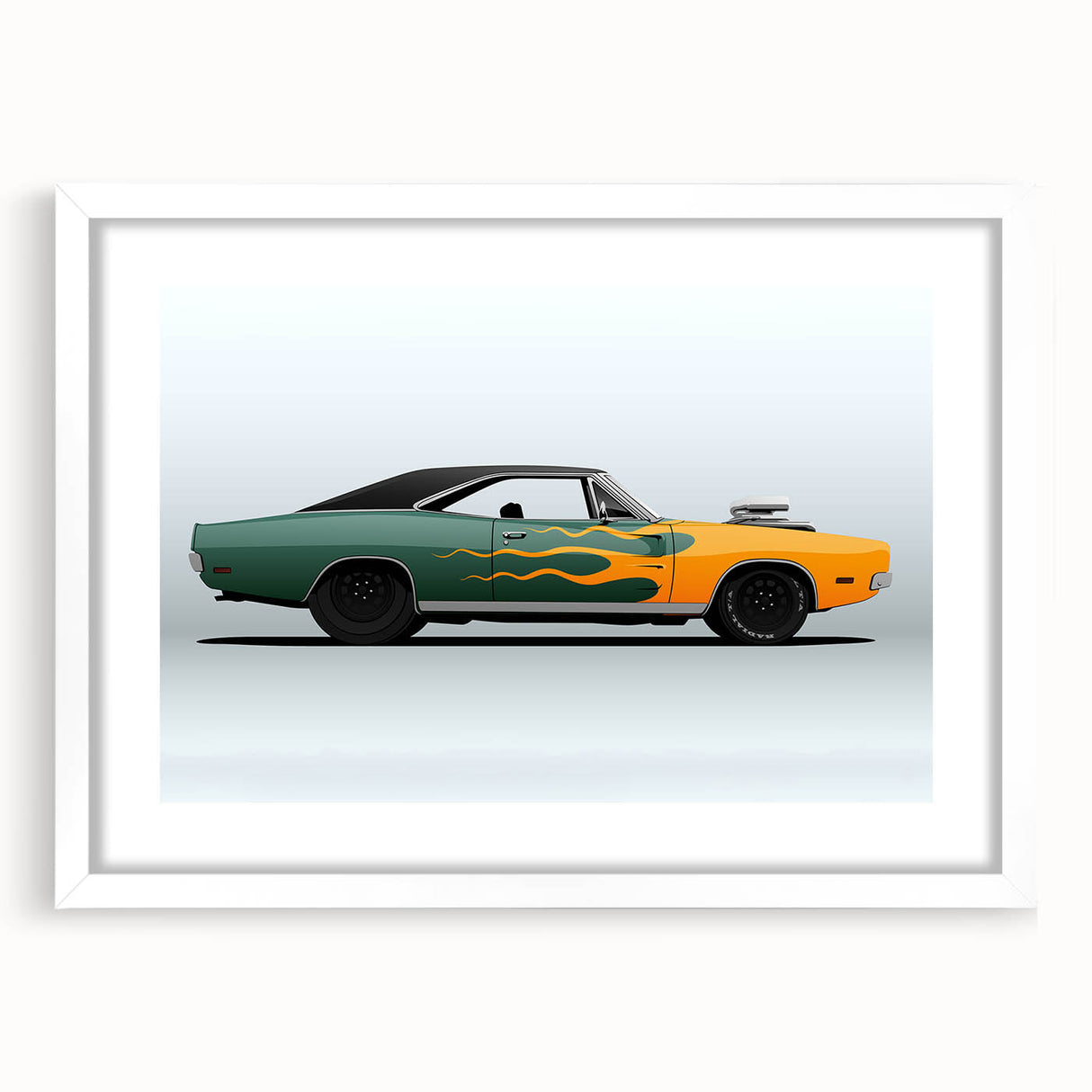 Abstract art print of a sports car in vibrant red and black tones on a white framed canvas.