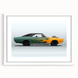 Abstract art print of a sports car in vibrant red and black tones on a white framed canvas.