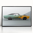 Large abstract wall art of a black sports car, in mid-century modernist style, framed in acrylic, suitable for modern decor.
