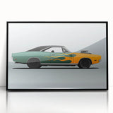 Large abstract wall art of a black sports car, in mid-century modernist style, framed in acrylic, suitable for modern decor.
