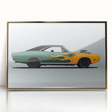 Mid-century modernist style acrylic print of a vintage sports car in vibrant red and gold tones.