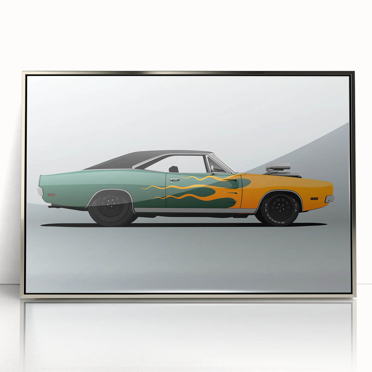 Mid-century modernist art of a silver sports car on acrylic print, with a sleek design, ideal for modern art wall decor.
