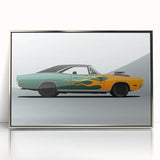 Mid-century modernist art of a silver sports car on acrylic print, with a sleek design, ideal for modern art wall decor.