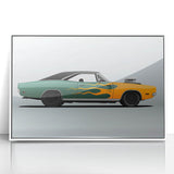 Art deco poster of a white sports car on a framed acrylic, featuring bold black and silver tones.