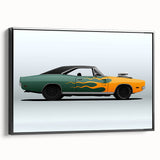 Black and white photo of a vintage sports car on framed canvas, ideal for bedroom wall art.