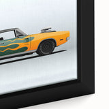 Extra large framed canvas of a black sports car with colorful, textured background, ideal for living room decor.