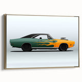 Side view of a vintage sports car in black and gold on a framed canvas, ideal for bedroom wall decor.