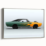 Silver sports car depicted in side view on a black background, framed canvas, suitable for a modern office space.