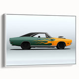 Vintage poster art of a classic sports car in vibrant colors on a large framed canvas, ideal for living room decor.