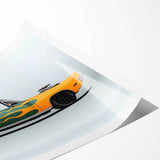 Extra large rolled print depicting abstract sport cars in vibrant colors, ideal for large living room wall art.