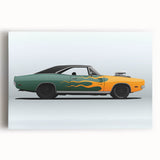 Black and white photo of a sports car on stretched canvas, ideal for kitchen wall art.