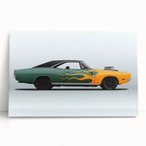 Black and white photo of sports cars on large stretched canvas, suitable as kitchen wall art or for a bedroom.