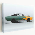 Side view of a red sports car on a stretched canvas, with a muted background, suitable for kitchen wall art.