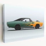 Side view of a red sports car on a stretched canvas, with a muted background, suitable for kitchen wall art.