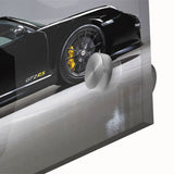 Mid-century modernist style large abstract art print of sport cars in vibrant colors on acrylic, ideal for dining room art.