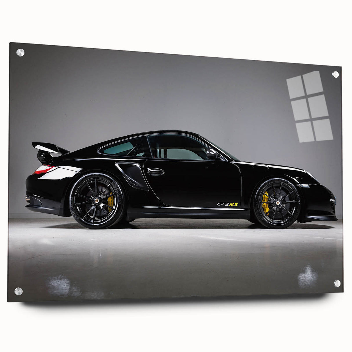 Acrylic print of a side-view of a sport car in vibrant red, ideal for modern bedroom or dining room decor.