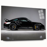 Side view of a red sports car in motion on acrylic glass, suitable as large bedroom or dining room art.