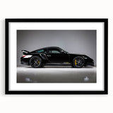 Colorful abstract art print featuring textured sport cars, in a black frame with mat, ideal for large living room walls.