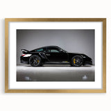 Extra large abstract art print of a sports car in textured gold tones on a framed canvas, ideal for living room decor.