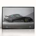Large abstract wall art featuring a black sports car, in mid-century modernist style, on a framed acrylic print.